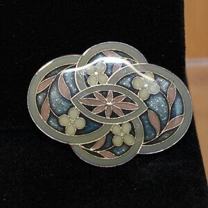 Vtg Floral Cloisonne Oval Brooch Art Nouveau Design Approx 1.75" W x 1.5" T